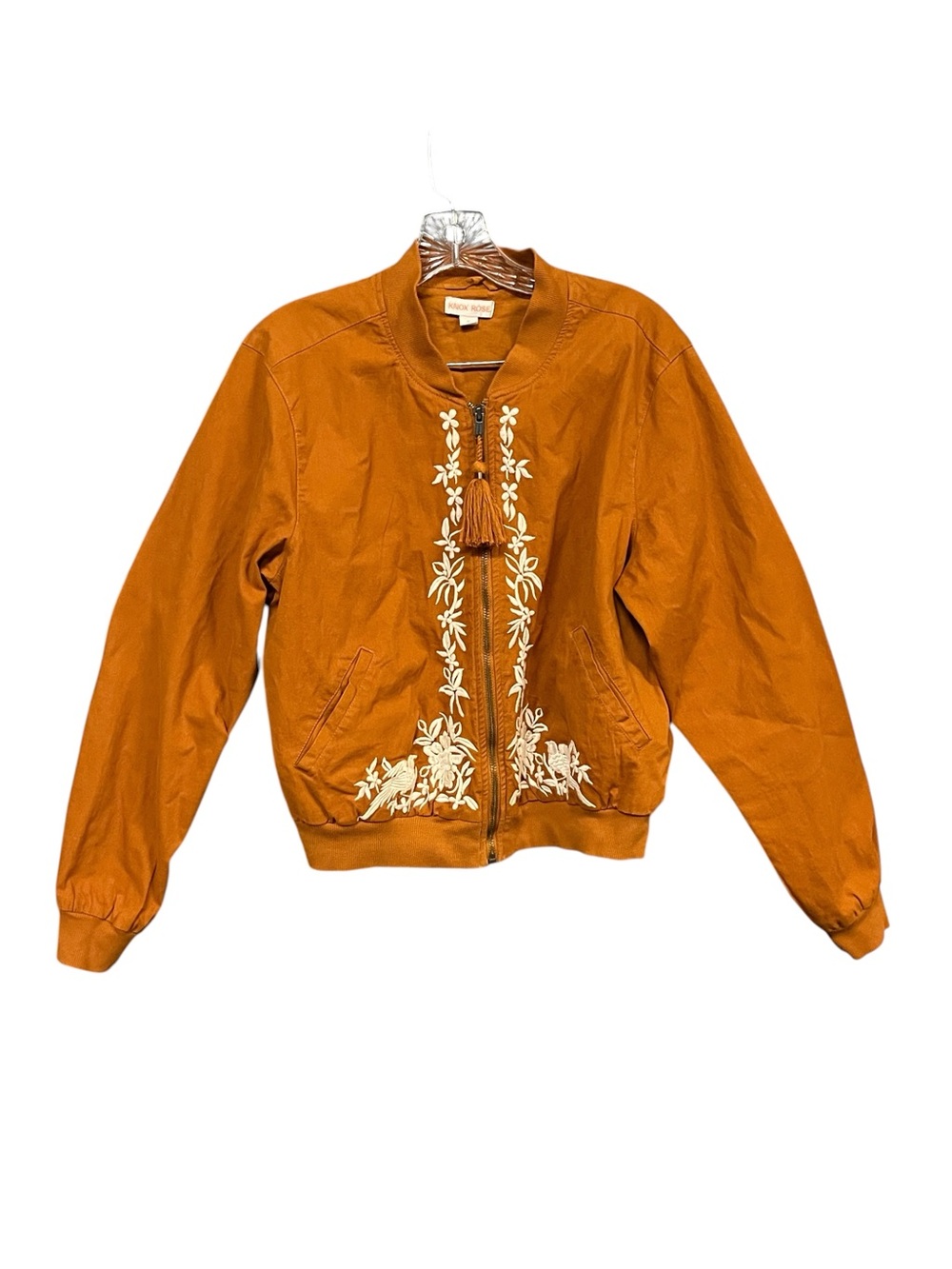 Knox Rose Bomber Jacket Womens M Brown Embroidered Birds Floral Zip Cotton Boho